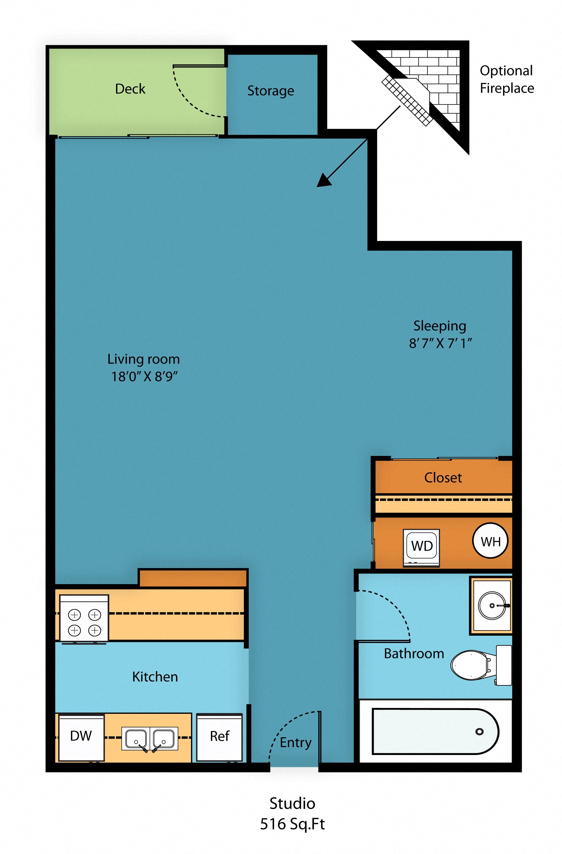 Floor plan for studio, 1 bath, 516 sqft